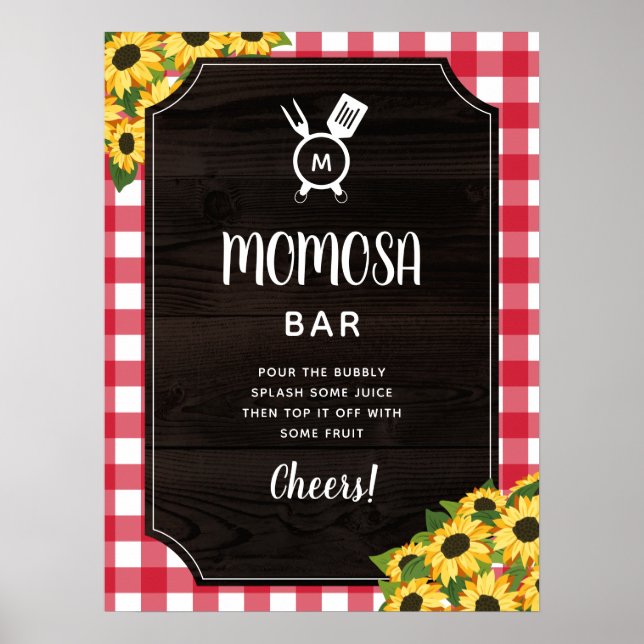 Rustic Red Gingham Sunflowers Monogram Momosa Bar Poster (Front)