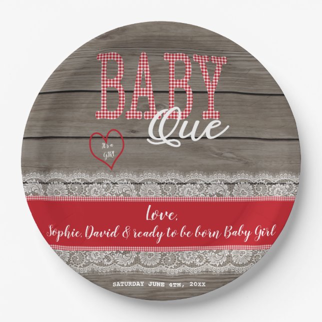 Rustic Red Gingham Wood Girl Baby Shower BBQ Paper Plate (Front)