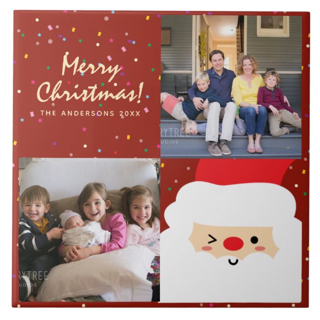 Rustic Red & Gold Christmas Santa and Family Photo Ceramic Tile (Front)