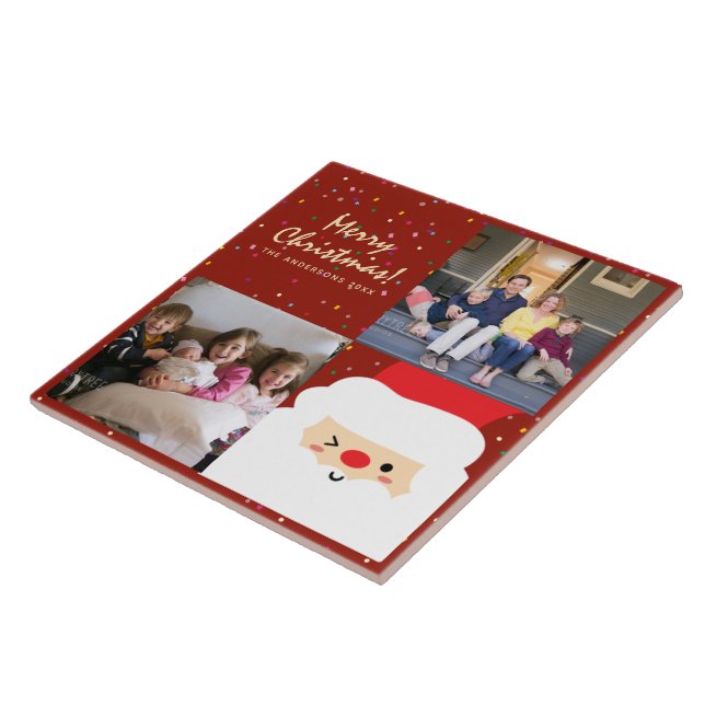 Rustic Red & Gold Christmas Santa and Family Photo Ceramic Tile (Side)