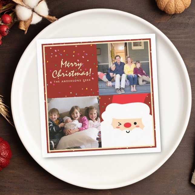 Rustic Red & Gold Christmas Santa and Family Photo Napkin (Creator Uploaded)