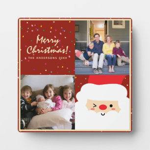 Rustic Red & Gold Christmas Santa and Family Photo Plaque