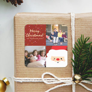 Rustic Red & Gold Christmas Santa and Family Photo Square Sticker