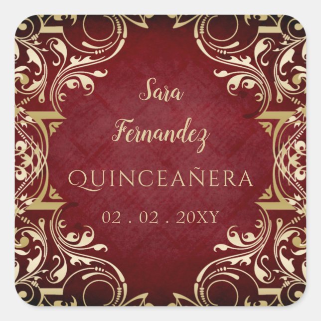 Rustic Red Gold Elegant Quinceanera Square Sticker (Front)