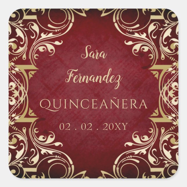 Rustic Red Gold Elegant Quinceanera Square Sticker (Front)