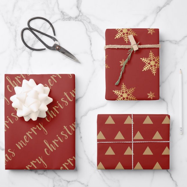 Rustic Red Gold Merry Christmas Snowflake Wrapping Paper Sheet (Front)
