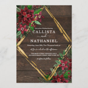 Rustic Red Gold Poinsettia Floral Wood Wedding Invitation