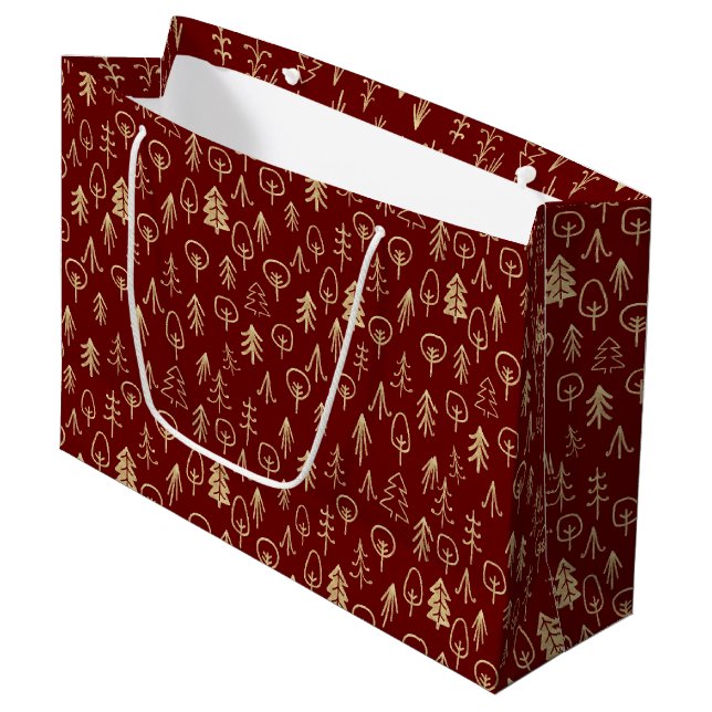 Rustic Red Gold Winter Trees Patterned Large Gift Bag (Front Angled)