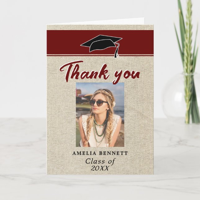 Rustic Red Graduate Cap Graduation Photo Thank you Card (Front)
