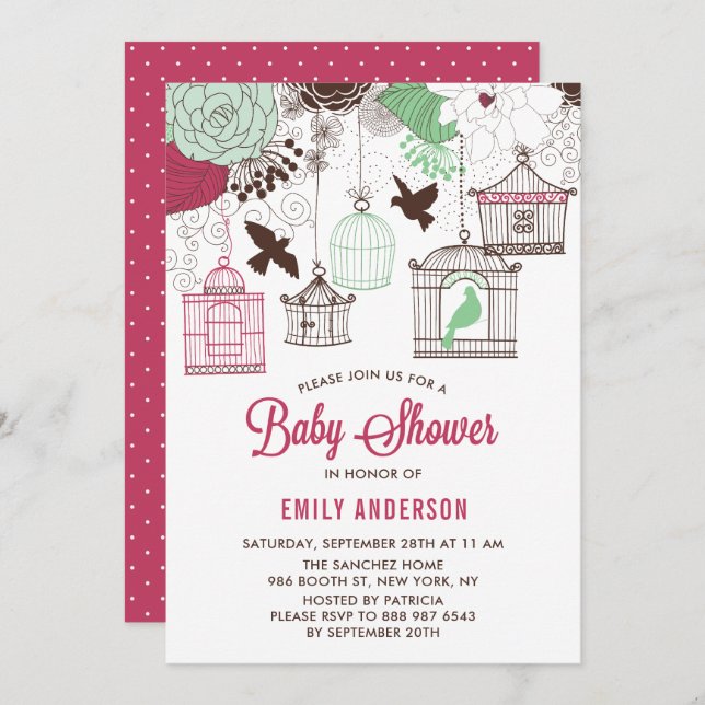 Rustic Red & Green Bird Cages Floral Baby Shower Invitation (Front/Back)