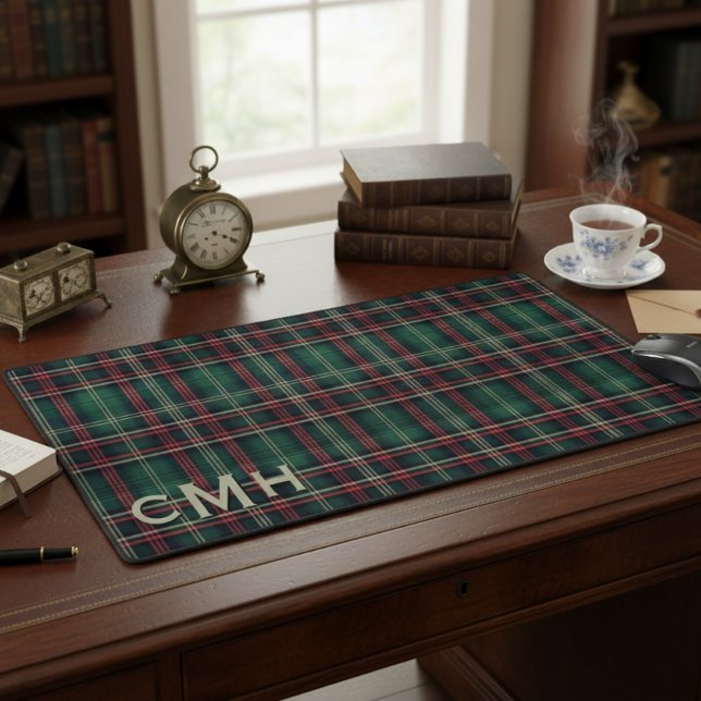 Rustic Red Green & Black Tartan Plaid Monogram Desk Mat (Creator Uploaded)