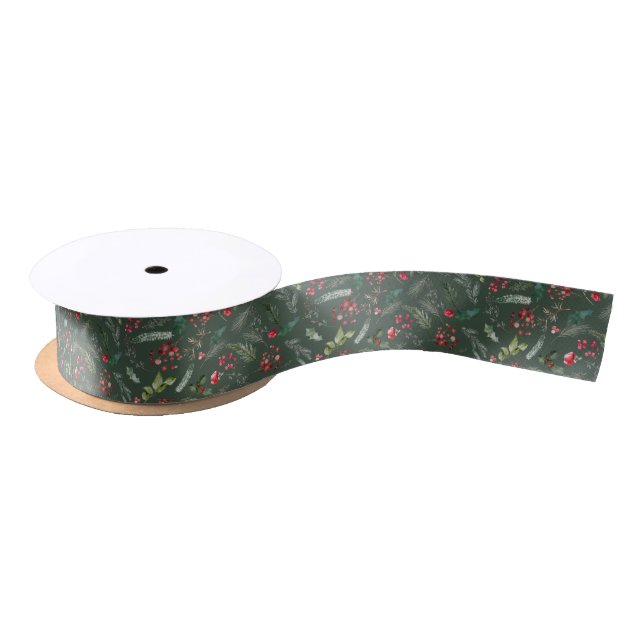 Rustic Red Green Christmas Botanical Gift Wrapping Satin Ribbon (Spool)