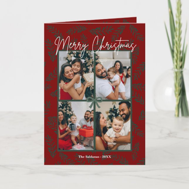 Rustic Red Green Christmas Photo Collage Card  (Front)