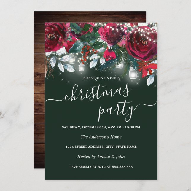 Rustic Red Green Floral Sparkle Christmas Party Invitation (Front/Back)