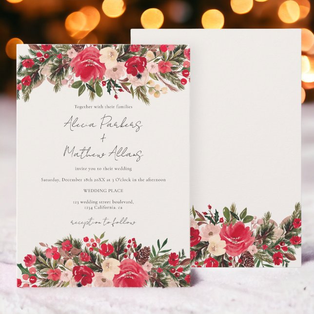 Rustic Red green Floral Winter Wedding Invitation (Rustic Red green Floral Winter Wedding Invitation)