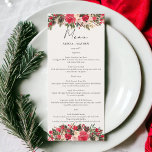 Rustic Red green Floral Winter Wedding Menu<br><div class="desc">Celebrate your wedding feast with our our hand-painted our Rustic Christmas Blooms food menu. Rich reds and deep greens intertwine, adorned with pine branches and pine cones, capturing the spirit of the season. Modern script typography adds a contemporary touch, blending tradition with sophistication.Celebrate love with this enchanting blend of festive...</div>