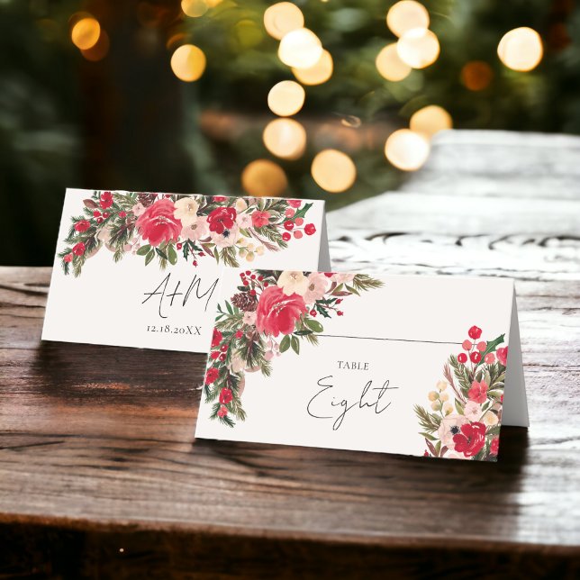 Rustic Red green Floral Winter Wedding Place Card (Rustic Red green Floral Winter Wedding Place Card)