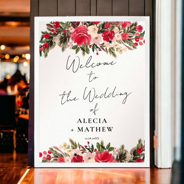 Rustic Red green Floral Winter Wedding Welcome Poster (Rustic Red green Floral Winter Wedding Welcome Poster)