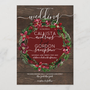 Rustic Red Green Holly Floral Wreath Wood Wedding Invitation