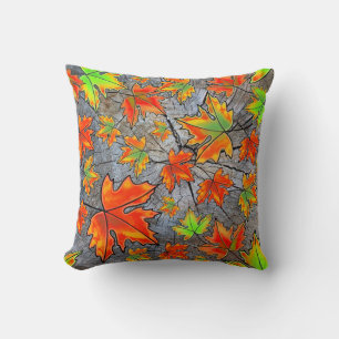 Rustic  red green orange tree bark maple leaves cushion