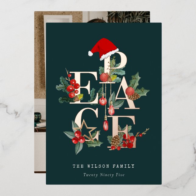 Rustic Red Green Photo Peace Christmas Foliage Foil Holiday Card (Front/Back)