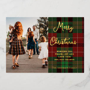 Rustic Red & Green Plaid Family Photo Christmas Ho Foil Holiday Card