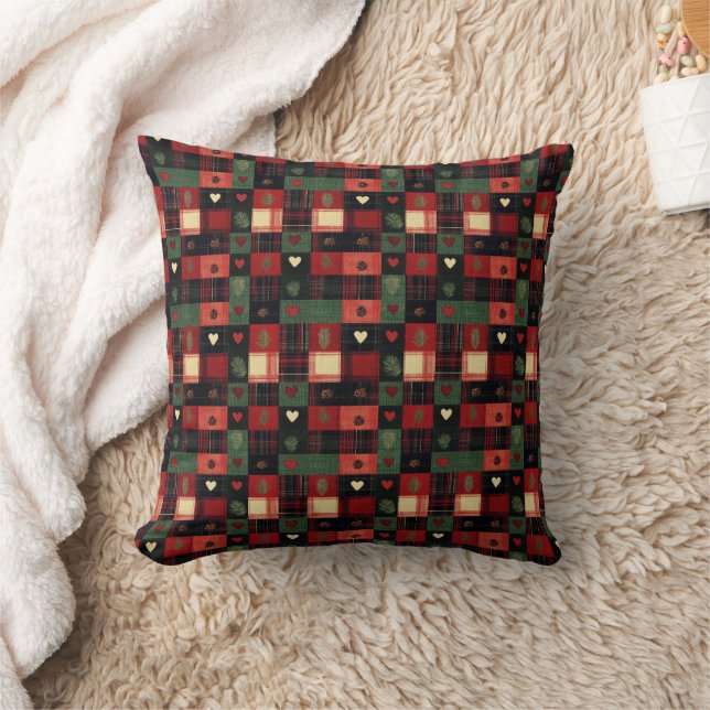 Rustic Red Green Plaid Hearts Christmas Holiday Cushion (Blanket)