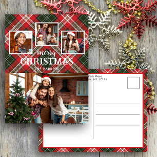 Rustic Red/Green Plaid Merry Christmas 4-Photo Holiday Postcard