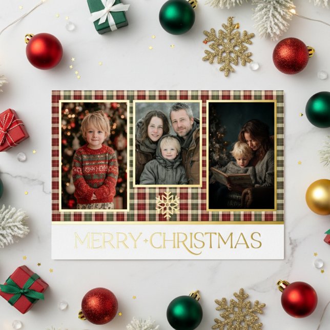 Rustic Red & Green Plaid Merry Christmas Photo Foil Holiday Card (Creator Uploaded)