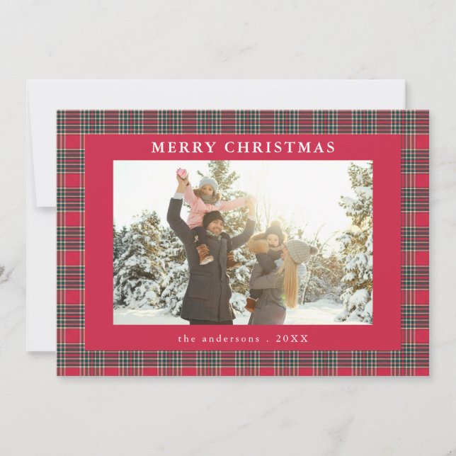 Rustic Red Green Plaid Merry Christmas Photo Holiday Card (Front)