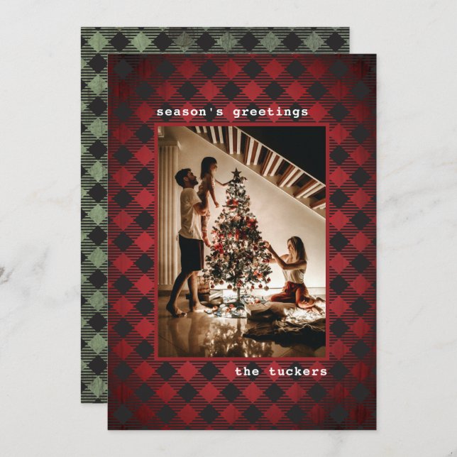 Rustic Red Green Plaid Photo Season's Greetings Holiday Card (Front/Back)