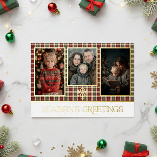 Rustic Red & Green Plaid Season's Greetings Photo Foil Holiday Card