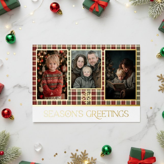 Rustic Red & Green Plaid Season's Greetings Photo Foil Holiday Card (Creator Uploaded)