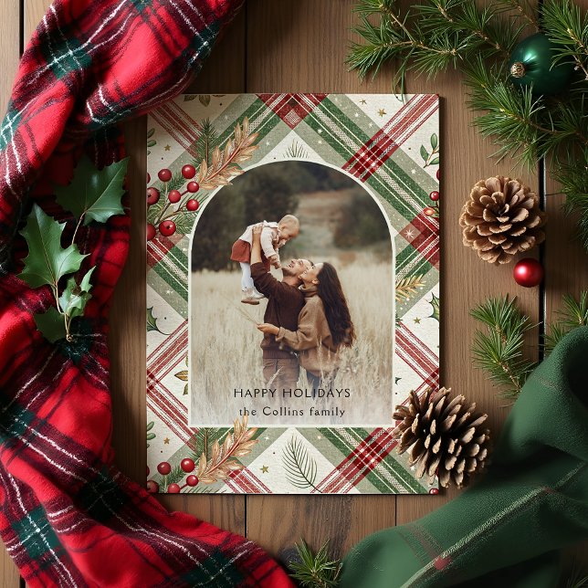 Rustic Red Green Plaid w/Holly Arch 1 Photo Holiday Card (Creator Uploaded)