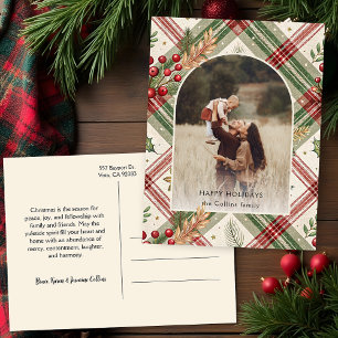 Rustic Red Green Plaid w/Holly Arch 1 Photo Holiday Postcard