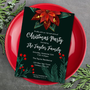 Rustic Red Green Poinsettia Christmas Wreath Invitation
