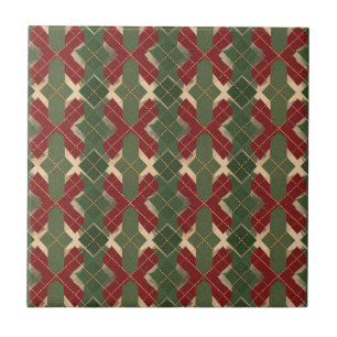 Rustic Red Green Quilted Diamonds - Textured Paper Ceramic Tile