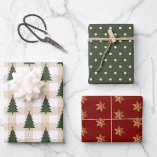 Rustic Red Green Snowflake Christmas Tree Wrapping Wrapping Paper Sheet
