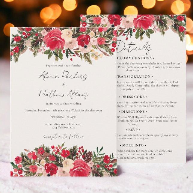 Rustic Red green winter Floral all in one Wedding Invitation (Rustic Red green winter Floral all in one Wedding Invitation)