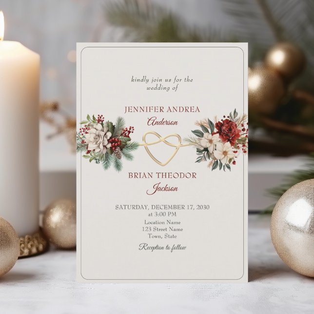 Rustic Red Green Winter Wedding Invitation (Creator Uploaded)