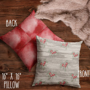 Rustic Red Grey Snowy Berries Botanical Christmas Cushion
