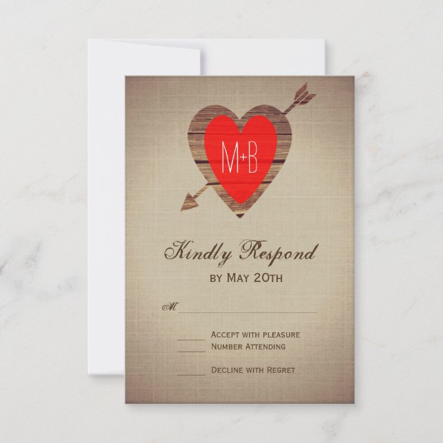 Rustic Red Heart Arrow Wedding RSVP Cards (Front)
