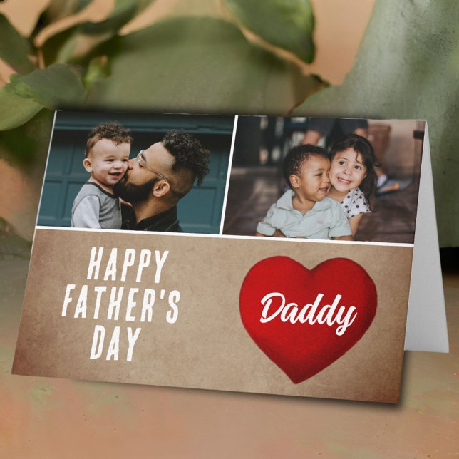 Rustic Red Heart Happy Father's Day Daddy 2 Photo Card (Creator Uploaded)