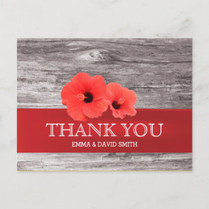 Rustic Red Hibiscus Wood Background Thank You Postcard