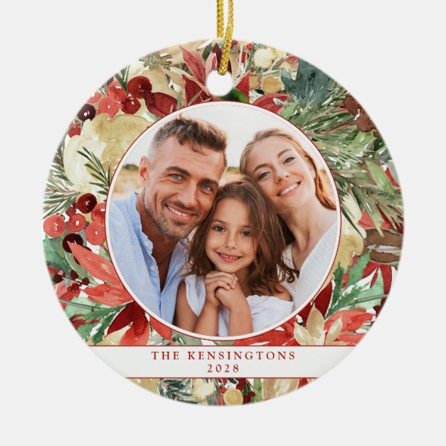 Rustic Red Holiday Floral Christmas Photo Ceramic  Ceramic Ornament (Front)