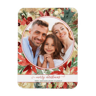 Rustic Red Holiday Floral Christmas Photo Magnet