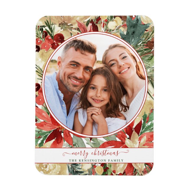 Rustic Red Holiday Floral Christmas Photo Magnet (Vertical)