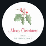 Rustic Red Holly Berries Merry Christmas Classic Round Sticker<br><div class="desc">Add holiday cheer with this rustic sticker featuring a simple yet elegant design with a single sprig of watercolor painted holly berries along with "Merry Christmas" in red and your family name in green.  These stickers make great envelope seals for your Christmas cards or as gift labels.</div>