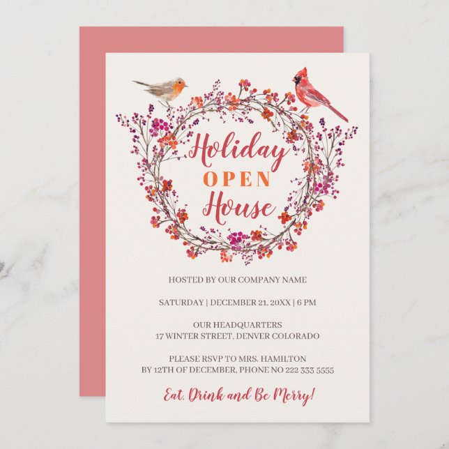 Rustic red holly berry wreath modern holiday party invitation (Front/Back)