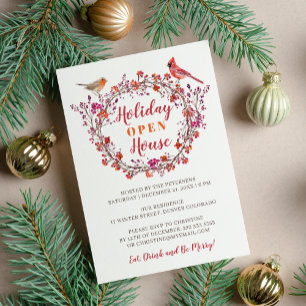 Rustic red holly berry wreath modern holiday party invitation